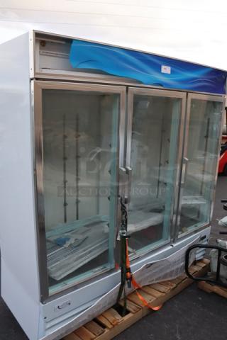 Brand new Avantco GDC-69-HC glass door merchandiser fridge, 78 1/4", LED lighting, white, bottom frame damage.