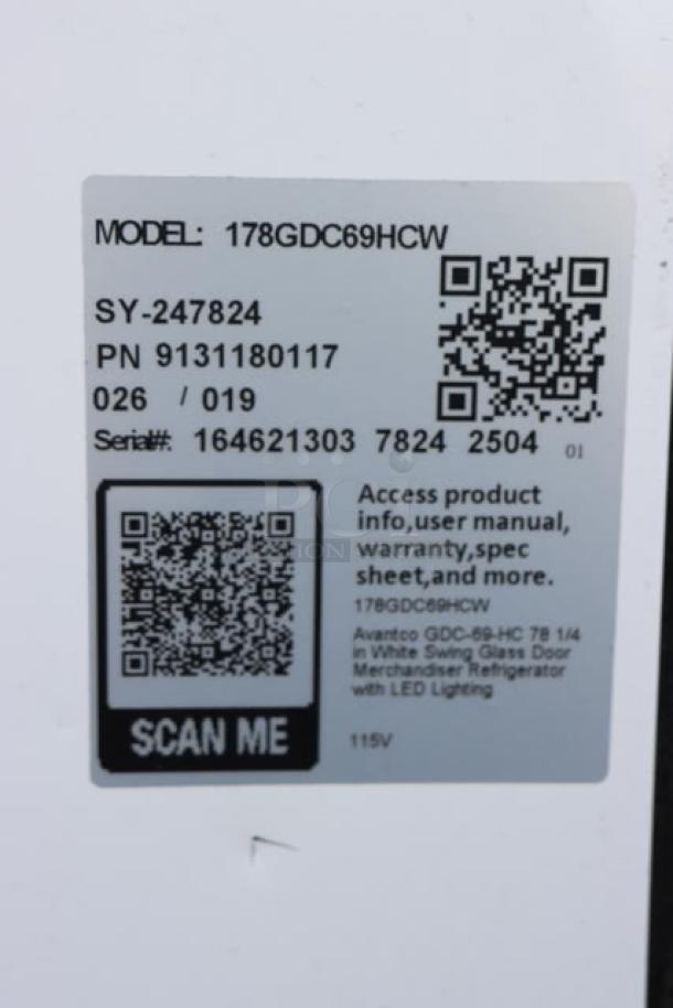 BRAND NEW Avantco GDC-69-HC 78 1/4" merchandiser fridge with LED lighting, glass doors; bottom frame damaged. Serial#: 164621303 7824 2504.