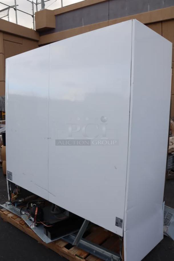 Brand new Avantco GDC-69-HC merchandiser refrigerator with LED lighting. Damaged bottom frame. 78 1/4" white swing glass door.