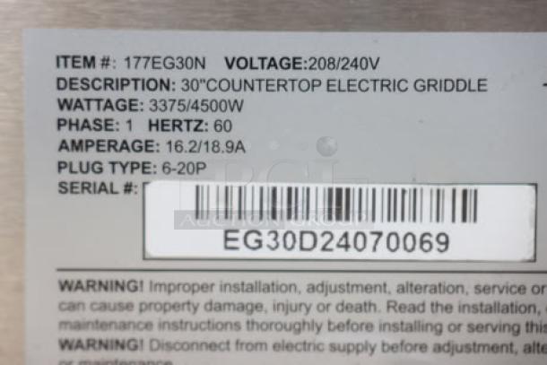 Brand new Avantco EG30N 30" electric countertop griddle, 208/240V, 3375W-4500W, S/N: EG30D24070069, scratch-n-dent condition.