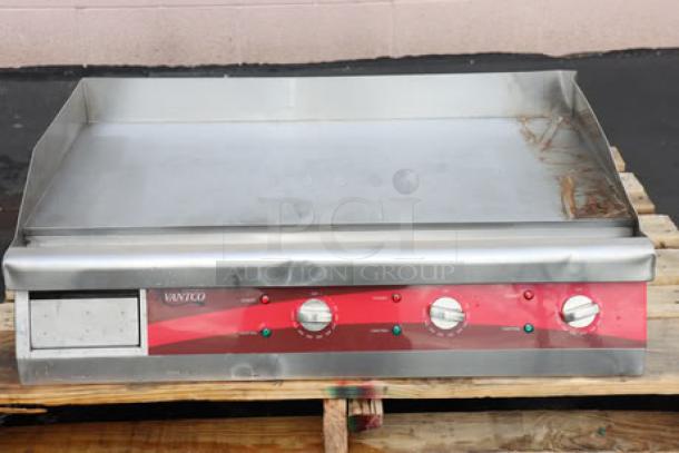 Brand new Avantco EG30N 30" electric countertop griddle, scratch-n-dent condition, red front panel, model EG30N.