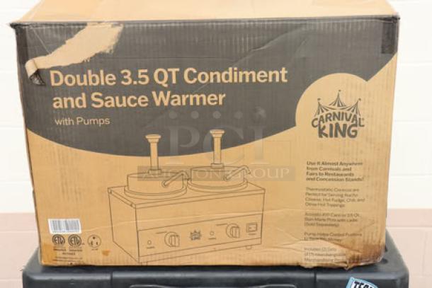 Brand new Carnival King RWS35DBL Double 3.5 Qt. Warmer with Pumps, 120V, 1100W. Original packaging damaged, unit may have scratches and dents.