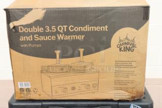 Brand new Carnival King RWS35DBL Double 3.5 Qt. Warmer with Pumps, 120V, 1100W. Original packaging damaged, unit may have scratches and dents.