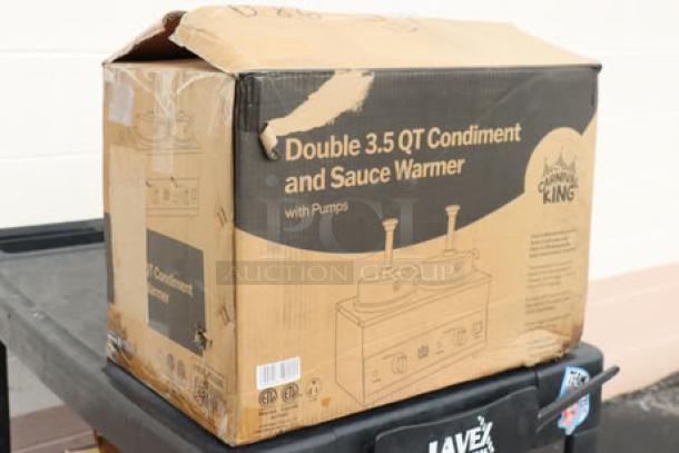 BRAND NEW Carnival King RWS35DBL double 3.5 Qt. warmer with pumps in damaged packaging; potential scratches and dents.