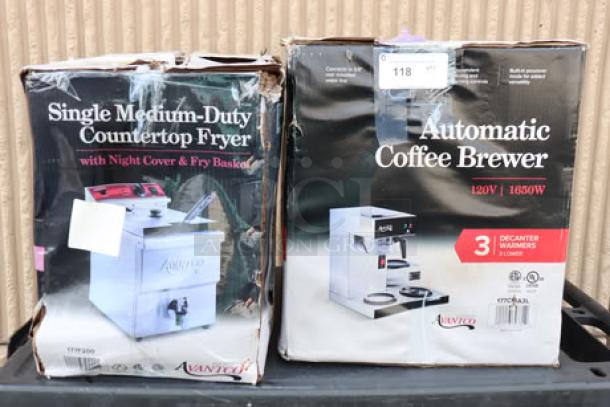 BRAND NEW Avantco F200 Electric Fryer & CMA3L Coffee Maker, original packaging damaged, potential scratches/dents, 2x bid.