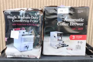 BRAND NEW Avantco F200 Electric Fryer & CMA3L Coffee Maker, original packaging damaged, potential scratches/dents, 2x bid.