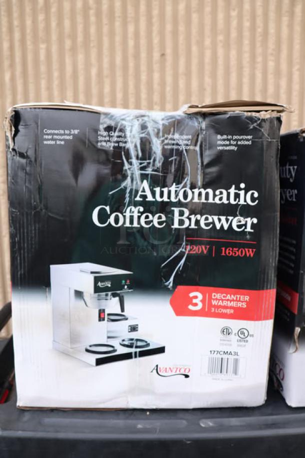 Avantco CMA3L Automatic Coffee Maker with 3 warmers, 120V, 1650W, in damaged original packaging. Potential scratches/dents.