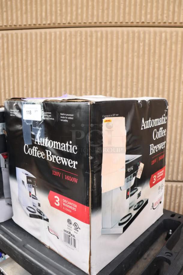 Avantco CMA3L Automatic Coffee Maker box, 120V 1650W, features 3 decanter warmers. Damaged packaging, possible scratches and dents.