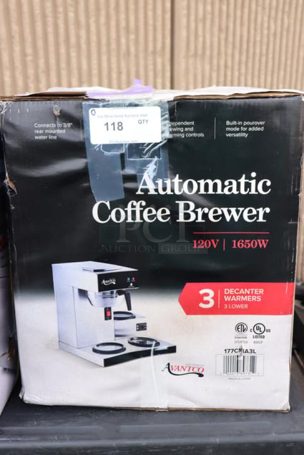 Avantco CMA3L Coffee Maker, 3 Decanter Warmers, 120V, 1650W, in damaged packaging; may have scratches and dents.