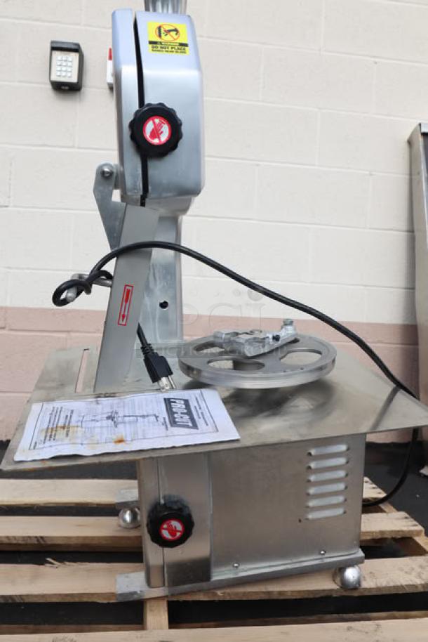 Brand new Backyard Pro BSSW65AL butcher meat saw, 65" blade, vertical countertop model. Scratch and dent condition, 120V, 1 hp.