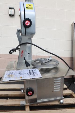 Brand new Backyard Pro BSSW65AL butcher meat saw, 65" blade, vertical countertop model. Scratch and dent condition, 120V, 1 hp.