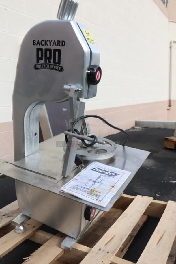 Brand new Backyard Pro BSSW65AL meat saw, 65" blade, vertical, countertop model, 120V, 1 hp, serial number 2409100043.
