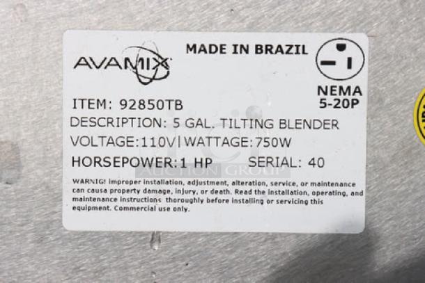 AvaMix 5 Gallon Heavy-Duty Tilting Blender, model 92850TB, 1 hp, 110V, NEMA 5-20P, brand new scratch-n-dent, serial 40.