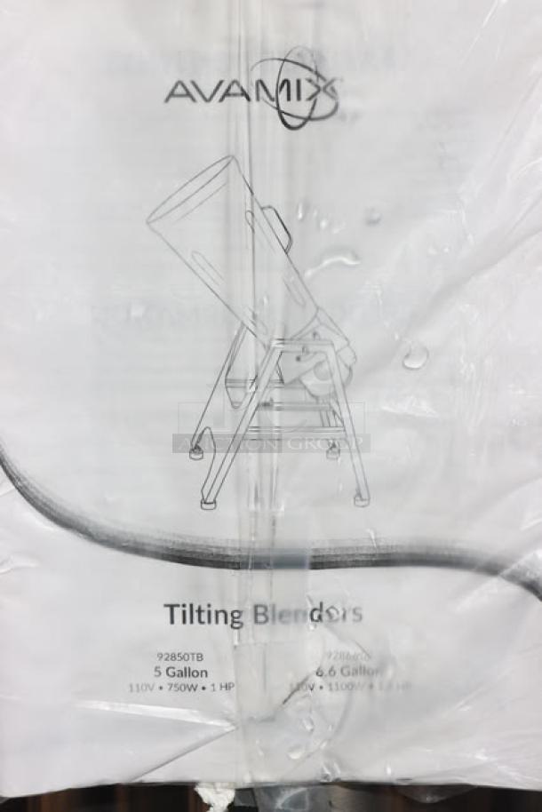 BRAND NEW AvaMix 5 Gallon Heavy-Duty Tilting Blender, model 92850TB, 110V, 1 hp. Scratch-n-dent condition, AvaMix branding visible.