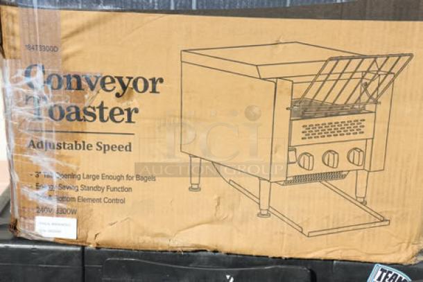 BRAND NEW Avantco T3300D Commercial Conveyor Toaster, 10" wide, 3" opening, 240V, 3300W. Original packaging damaged.