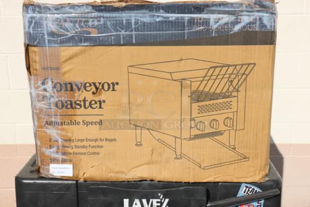 Brand new Avantco T3300D conveyor toaster, 10" wide, 3" opening, 240V, 3300W, 800 slices/hr. Packaging damaged; potential scratches.
