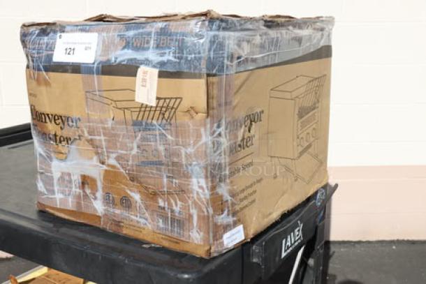 Brand new Avantco T3300D 10" conveyor toaster in original but damaged packaging; may have scratches and dents.