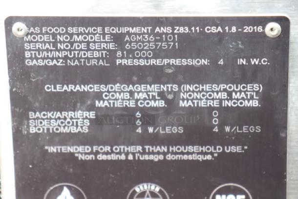 Wolf by Vulcan AGM36-NAT gas griddle, 36", 81,000 BTU, manual controls. Brand new with surface rust, serial 650257571.
