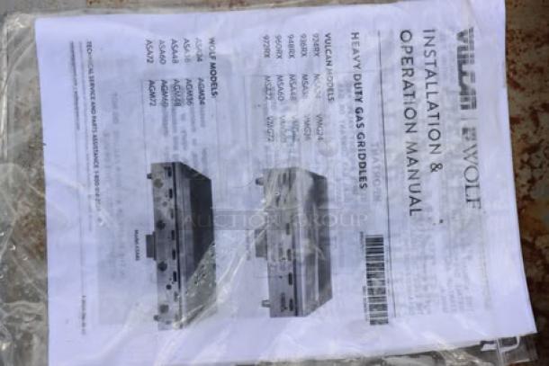 Wolf by Vulcan installation and operation manual for AGM36-NAT griddle, visible text includes model details and photos.