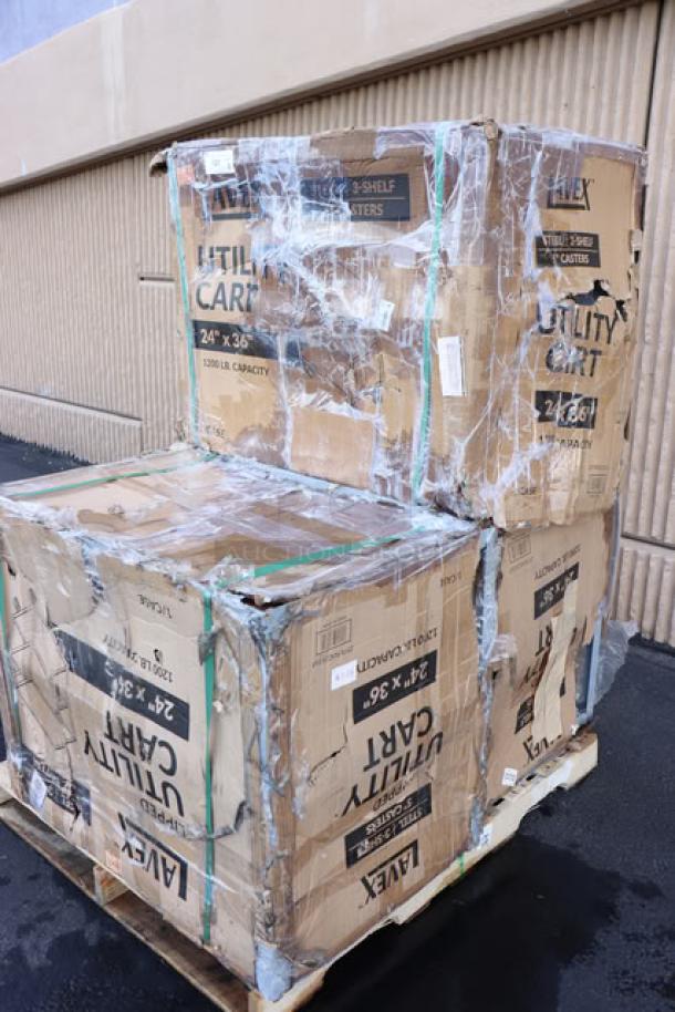 Lavex LSUC24363 utility cart in damaged packaging. Features three steel trays, fully welded; potential scratches and missing parts.