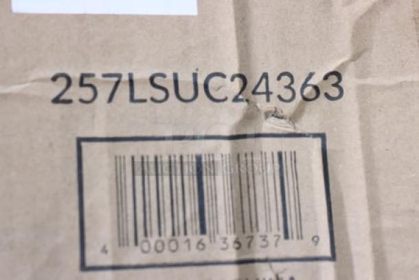 Damaged packaging for Lavex LSUC24363 steel utility cart, possible scratches or dents. Model number and barcode visible.