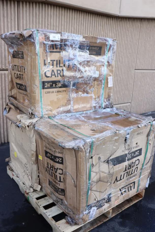 Lavex LSUC24363 steel utility cart in damaged packaging, possibly with scratches or dents. Fully welded, three trays.