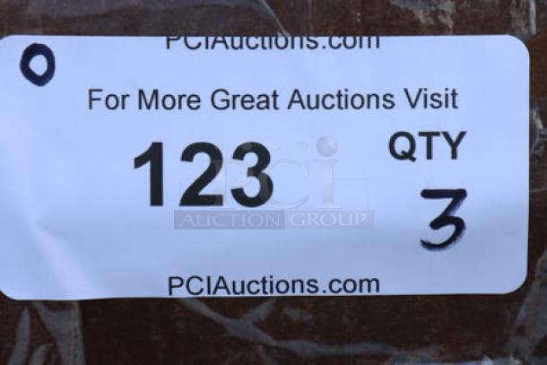 Auction label with lot number 123, quantity 3, from PCIAuctions.com.