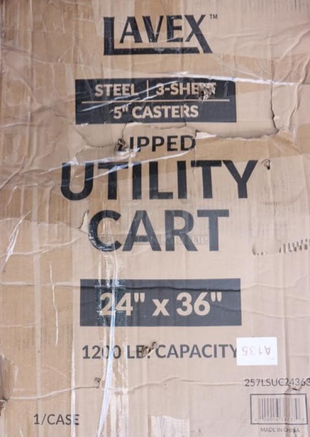 Damaged packaging for Lavex LSUC24363 steel utility cart, featuring a 36" x 24" x 35" three-tray shelf, 1200 lb capacity.