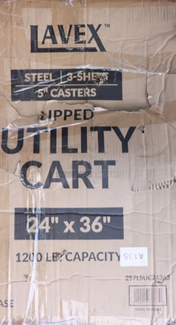 Lavex LSUC24363 steel utility cart with 3 shelves, 36"x24"x35". Original packaging damaged, may have scratches or dents.