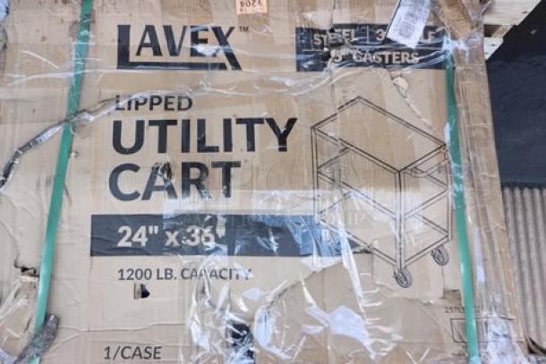 Brand new Lavex LSUC24363 Steel Utility Cart in damaged packaging; potential scratches or dents, 36"x24"x35", 3 shelves.