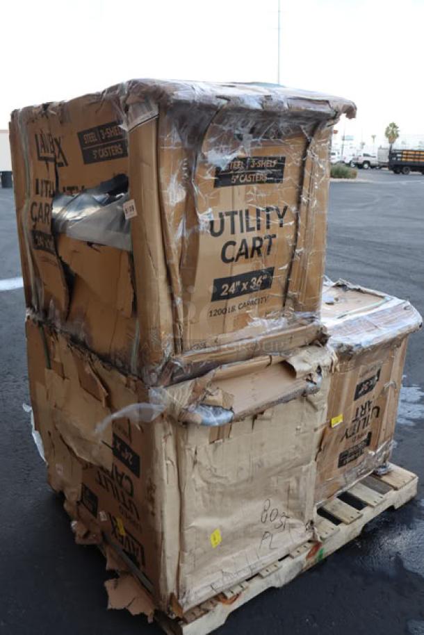Brand new Lavex LSUC24363 steel utility cart, 36"x24"x35", three trays, in damaged packaging, potential scratches/dents.