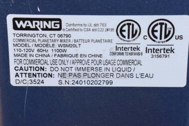 BRAND NEW Waring Luna WSM20LT 20 Qt. Planetary Stand Mixer, 1 hp, with guard and timer, 120V. Serial No: 24010202799.