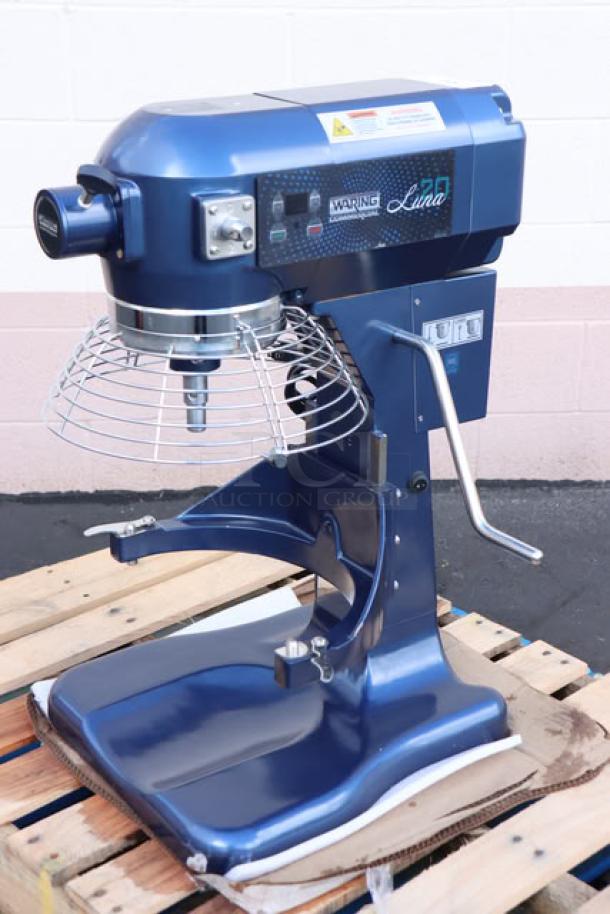 Brand new Waring Luna WSM20LT 20 Qt. Planetary Stand Mixer, blue, with guard, timer, and 1 hp motor, 120V. Serial: 24010202799.
