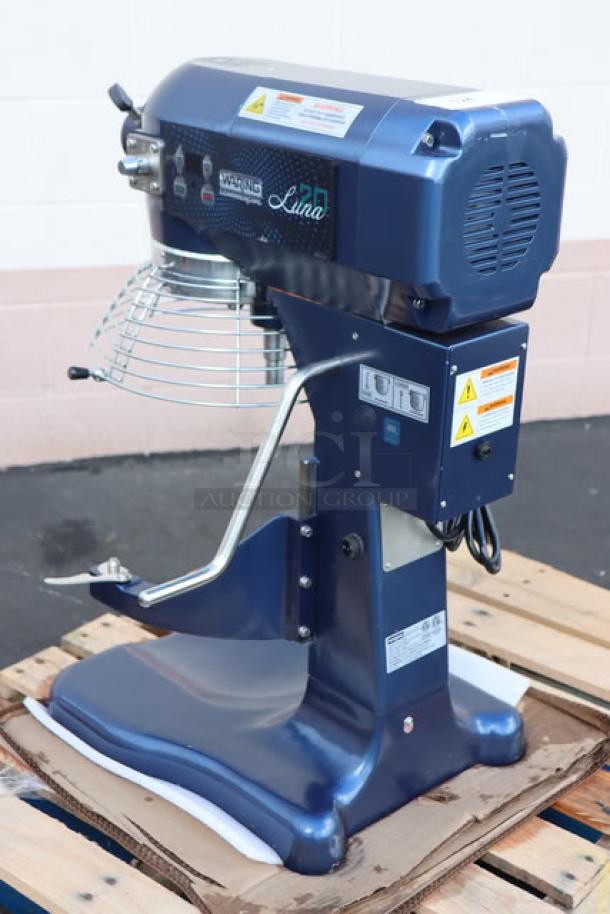 Brand new Waring Luna WSM20LT 20 Qt. planetary stand mixer, blue, with guard and timer, 120V, 1 hp, scratch-n-dent.