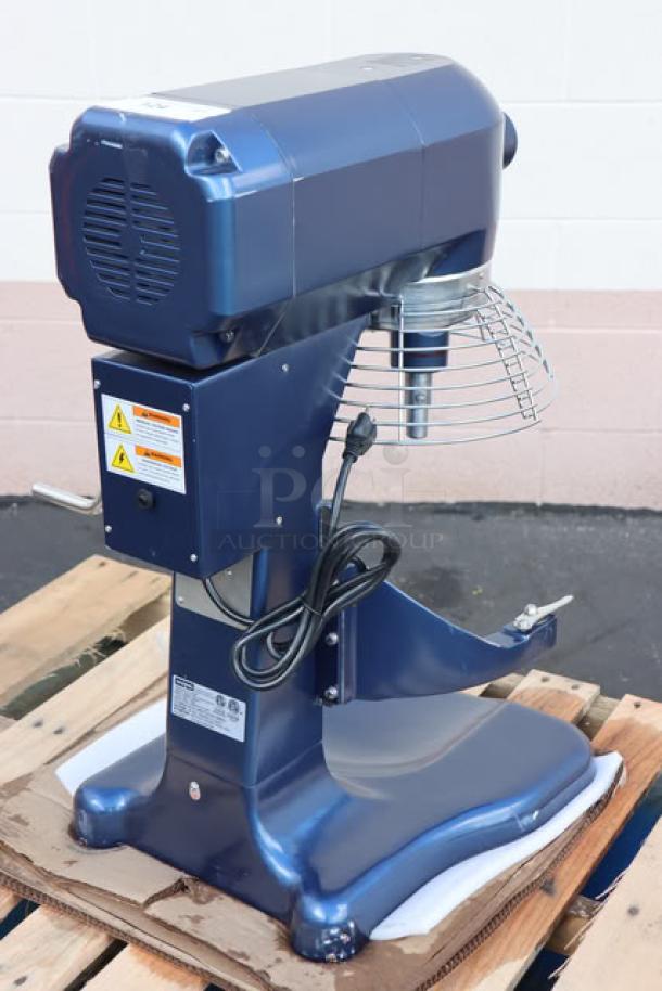 Brand new Waring Luna WSM20LT 20 Qt. Planetary Stand Mixer, blue, with guard, timer, 1 hp motor, 120V, on wooden pallet.