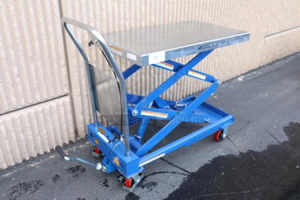 Vestil CART-800-D-TS hydraulic elevating cart, 20"x35.5", 800 lb capacity, new scratch-n-dent, lift 15.5"-51.875", needs cable replacement.