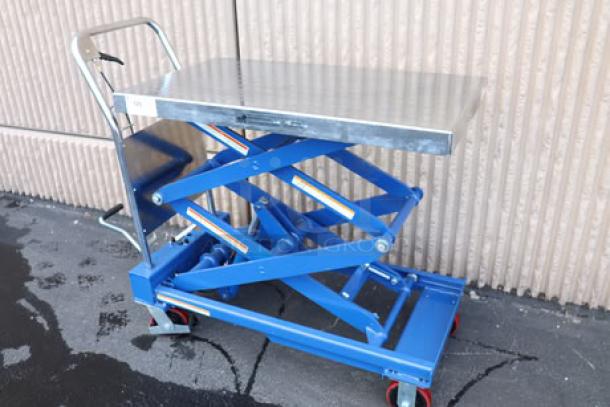 Vestil CART-800-D-TS hydraulic elevating cart, brand new, 800 lb capacity, 20"x35.5", lift 15.5"-51.875". Lower cable needs replacement.