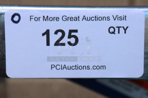 Sticker on Vestil CART-800-D-TS hydraulic elevating cart showing auction information with URL and quantity number "125".