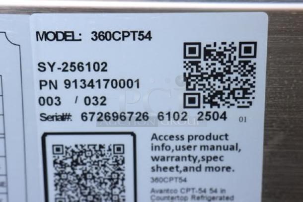 Brand new Avantco CPT-54 refrigerated prep rail label showing model, serial number 672696726 6102 2504, and key specs.