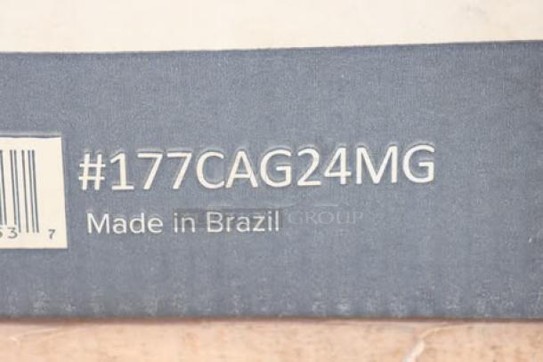 Brand new Avantco Chef Series CAG-24-MG 24" gas griddle, 60,000 BTU, serial #1346981000014, label shows "Made in Brazil."
