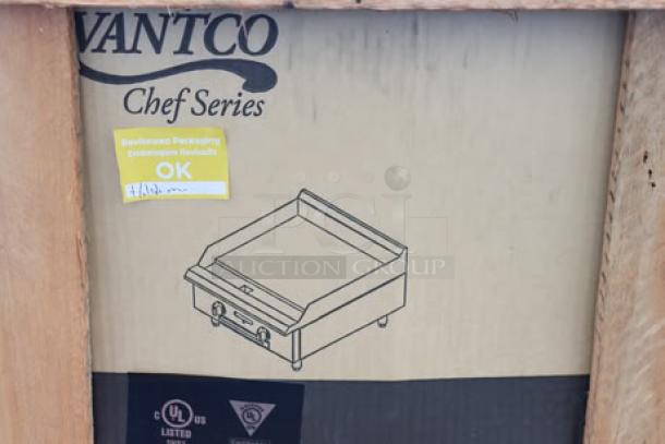 Brand new Avantco Chef Series CAG-24-MG gas griddle, 24", 60,000 BTU, original packaging damaged, possible scratches/dents.