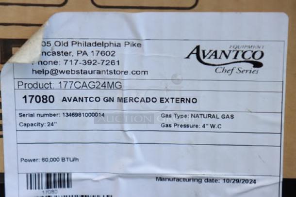 Brand new Avantco Chef Series CAG-24-MG 24" gas griddle, 60,000 BTU, with minor damage to packaging; unit may have scratches and dents.