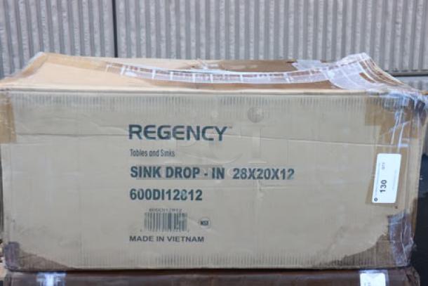 Brand new Regency 600DI12812 drop-in sink, 28"x20"x12", 16-gauge stainless steel, original packaging damaged, may have scratches.