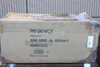 Brand new Regency 600DI12812 drop-in sink, 28"x20"x12", 16-gauge stainless steel, original packaging damaged, may have scratches.