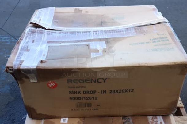 BRAND NEW Regency 600DI12812 drop-in sink in damaged packaging; 28"x20"x12" 16-gauge stainless steel, possible scratches/dents.