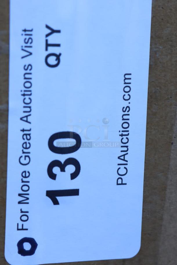 Label on damaged packaging for Regency 600DI12812 stainless steel sink, indicating auction lot number 130 from PCAuctions.com.