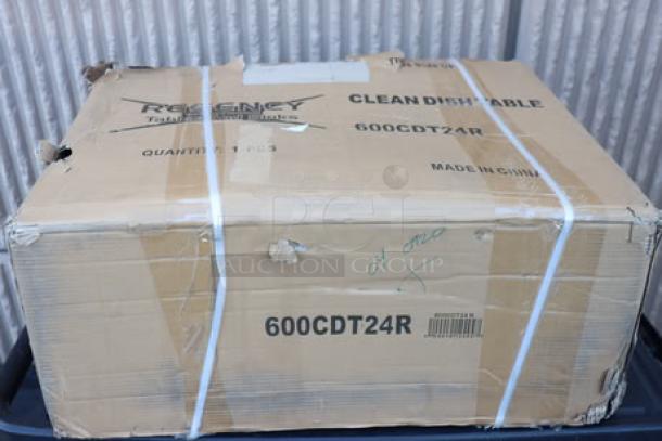 Regency 16 Gauge 2' Clean Dish Table, Right Drainboard, Model 600CDT24R, new in box. Damaged packaging with possible scratches.