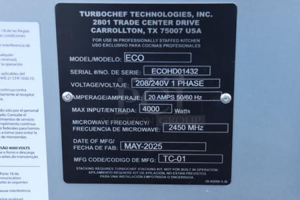 TurboChef Eco Stainless Steel Rapid Cook Ventless Oven, 208/240V, 1 Phase, S/N: ECOHD01432, May 2025 MFG Date.