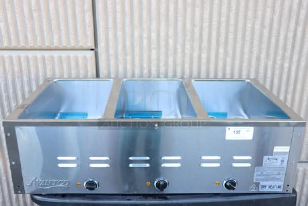 Avantco STE-3S three pan open well electric steam table, brand new scratch-and-dent, with undershelf, 120V, 1500W.