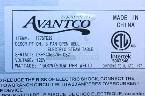 Avantco STE-3S electric steam table, 3-pan capacity, brand new scratch-n-dent, 120V, 1500W, serial# CK-240637R-082.